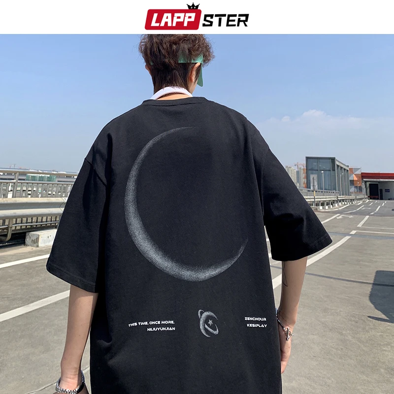 

LAPPSTER Oversized Moon Print Y2k Funny Graphic T Shirts 2022 Cotton Summer Harajuku T Shirt Japanese Streetwear Loose T-shirts