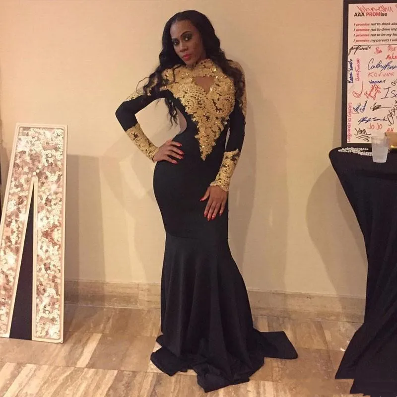 

Африканские черные вечерние платья с высокой горловиной для девушек с юбкой-годе с золотыми аппликациями кружевные вечерние платья с длинным рукавом Одежда для выпускного вечера