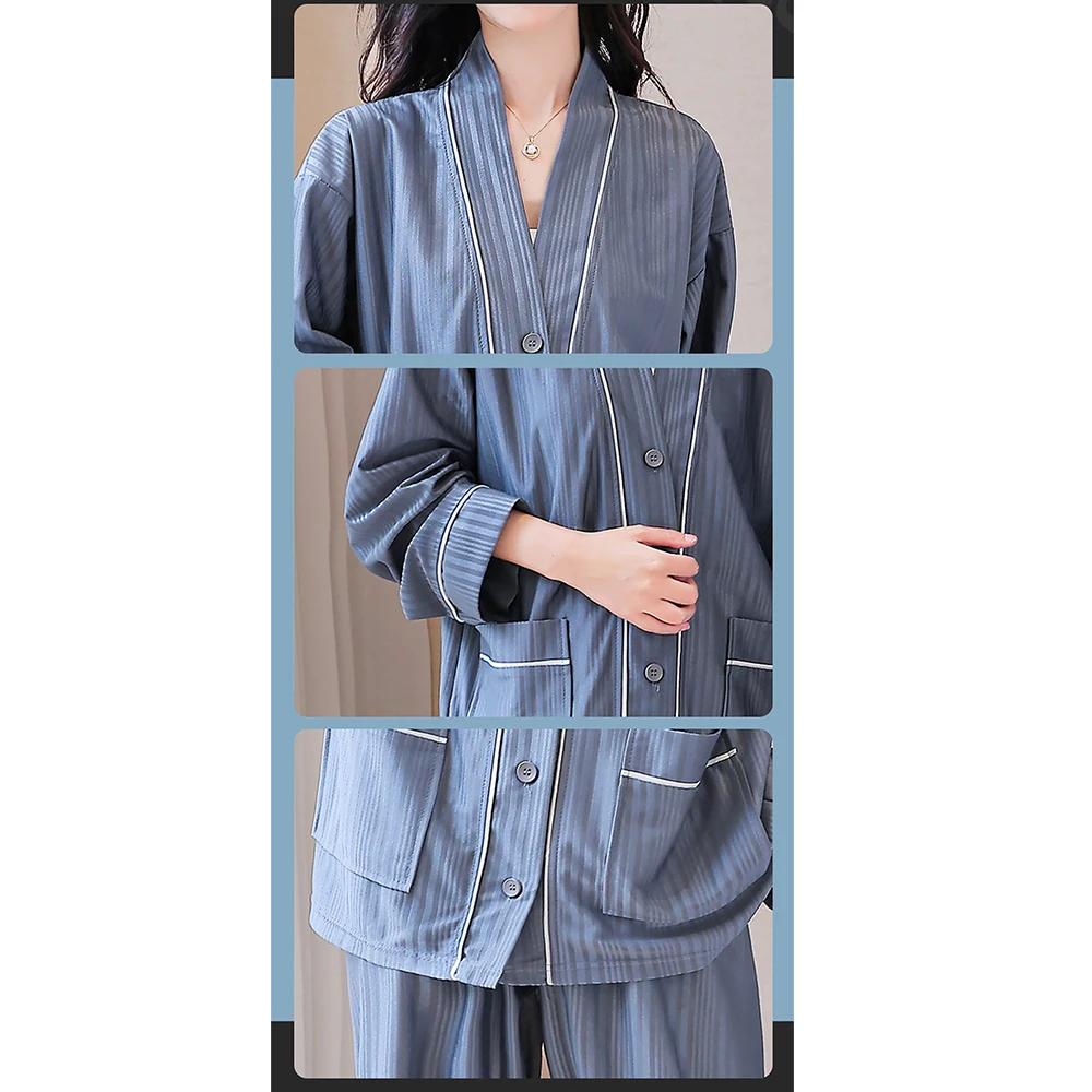 Spring Summer Ice Silk Pajamas For Couples Man Casual Loose Long Sleeve Buttons Pijama Breathable Comfortable Women's Sleepwear