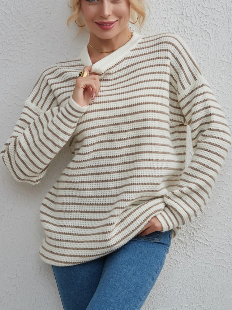 

Striped Women's Knitted Sweater Winter Autumn O-Neck Pullover Casual Loose Long Baggy Oversized Sweaters for Women New 2023