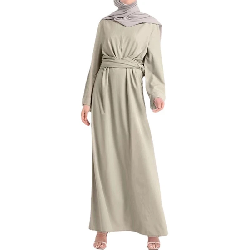 

Women Middle East Arabic Abaya Lace-Up Tie Knot Waist Muslim Flowy Maxi Dress Flare Long Sleeve Kaftan Robe Islamic Gown