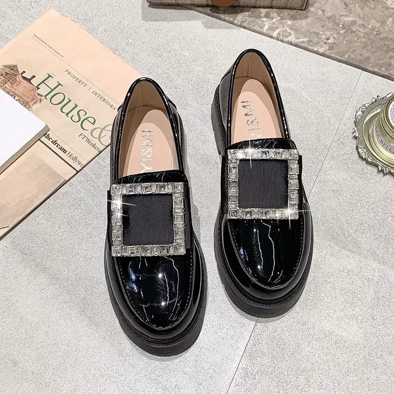Black Mary Jane Women's Pearl Rhinestone Hedging Women's Loafers Spring and Autumn 2022 Thick-soled Cute Chunky Oxford Flats