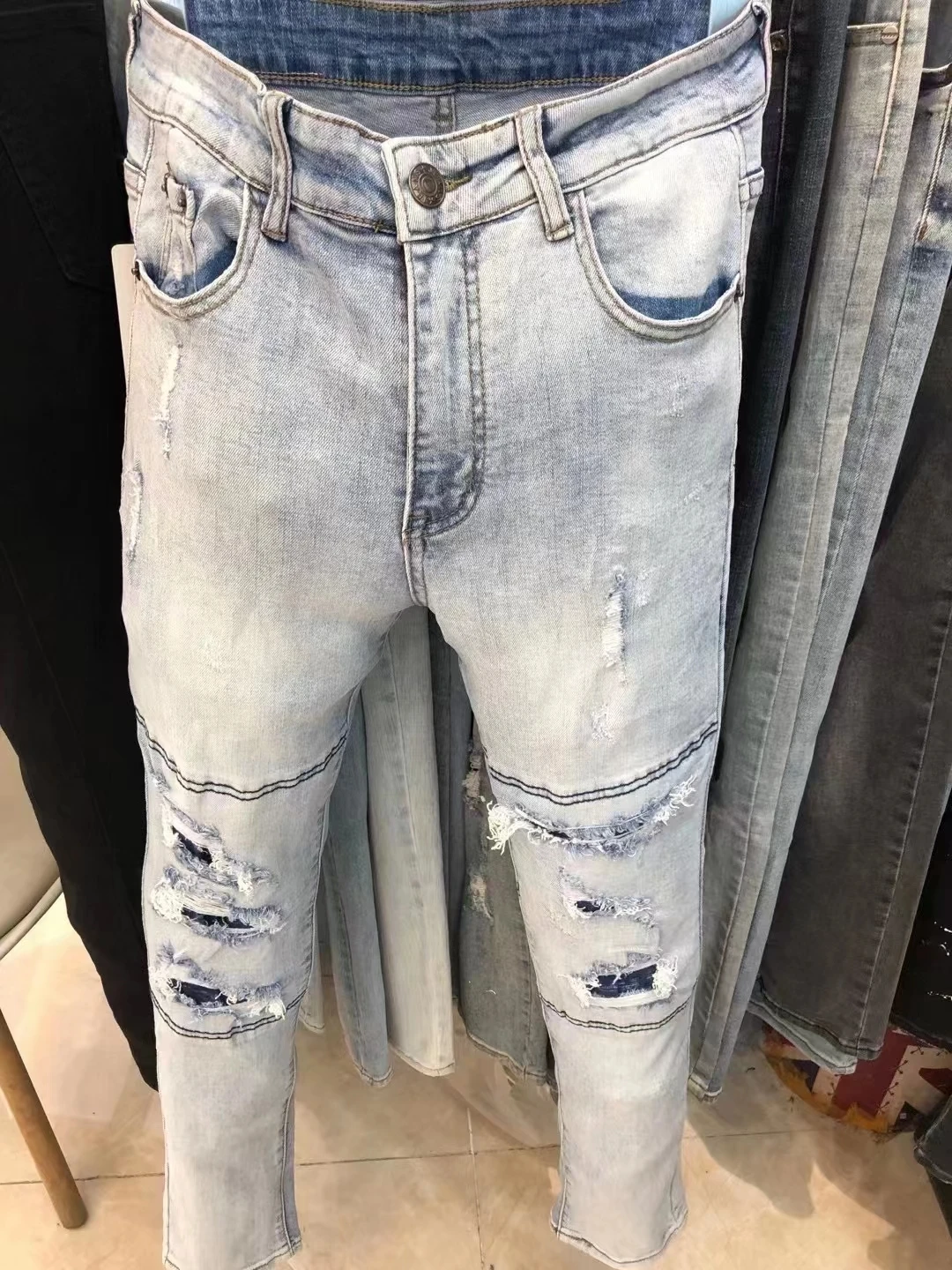 

2022 Light Blue Split Line Ripped Patchwork Jean Streetwear Slim Skinny Stretch Denim Tapered Pant Men Motorcycle Pant Jeans Men