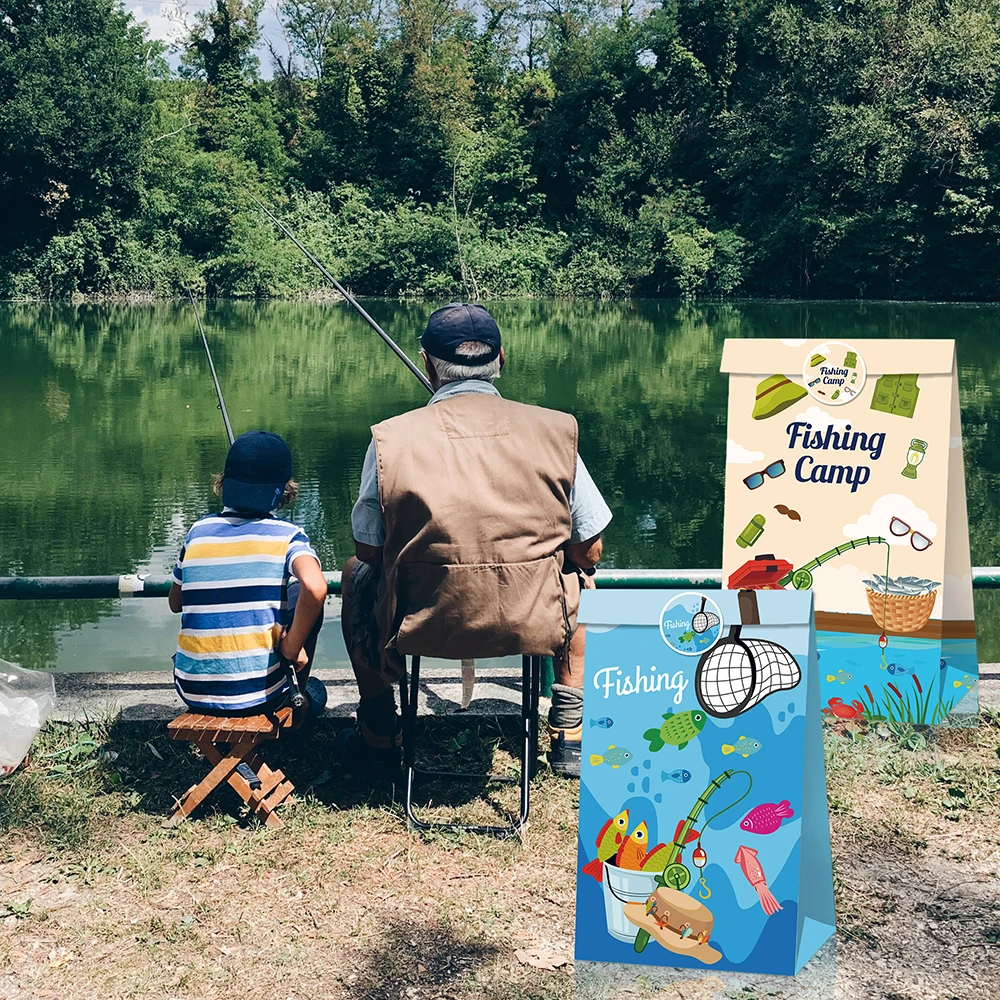 

LB133 12Pcs Relax Fishing Camp Birthday Party Biscuit Kraft Paper Gift Bags Sticker Go Fish Game Baby Shower Party Decorations