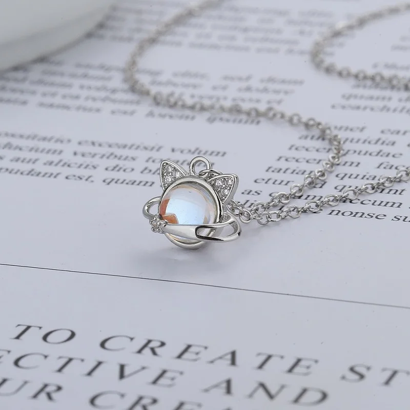 Ожерелье Xingyunday Cute Cat Planet для женщин с подвеской из лунного камня для клавикулы, модное серебристого цвета ювелирное изделие в подарок.