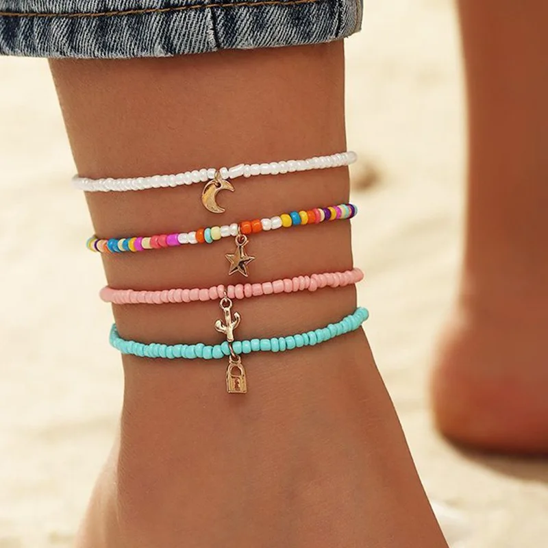 

New Beach Bohemian Color Rice Beads String Elastic Anklet