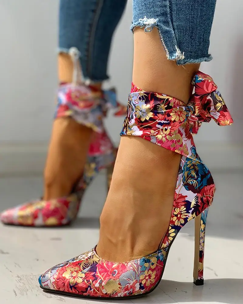 Women Fashion Sandals Pumps Point Toe Party Shoes Sexy Casual Floral Print Tied Ankle Thin Heels