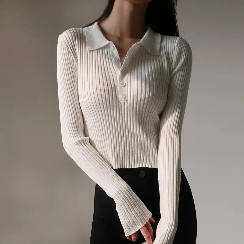 

Korean Fashion Buttons Cropped Knitted Polo Shirt Sweater Women Autumn Fashion Elegant Long Sleeve Tops Ladies Knitwear Fem 2023
