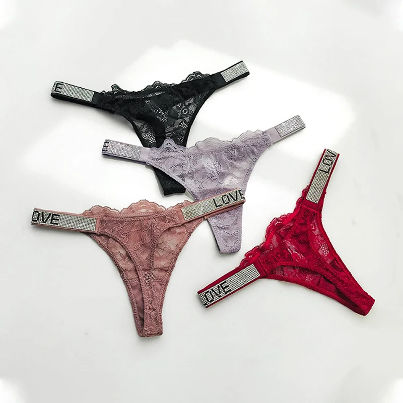 

2022 New Women Sexy Lace Transparent Panties Love Secret Rhinestone Thong Lingerie Seamless G String Low Rise Intimate Underwear