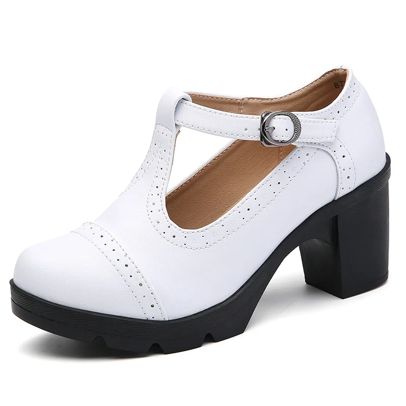 

Women Pumps Mary Jane Round Toe Genuine Leather T-Strap Buckle Square Heels Shoes White Elegant Retro platform High Heels Party