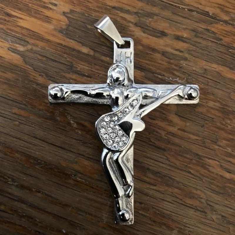 

2022 New Simple Cross Necklace Silver Color Crystal Jesus Cross Pendant Necklace Musician Guitar Jewelry Gift Wholesale