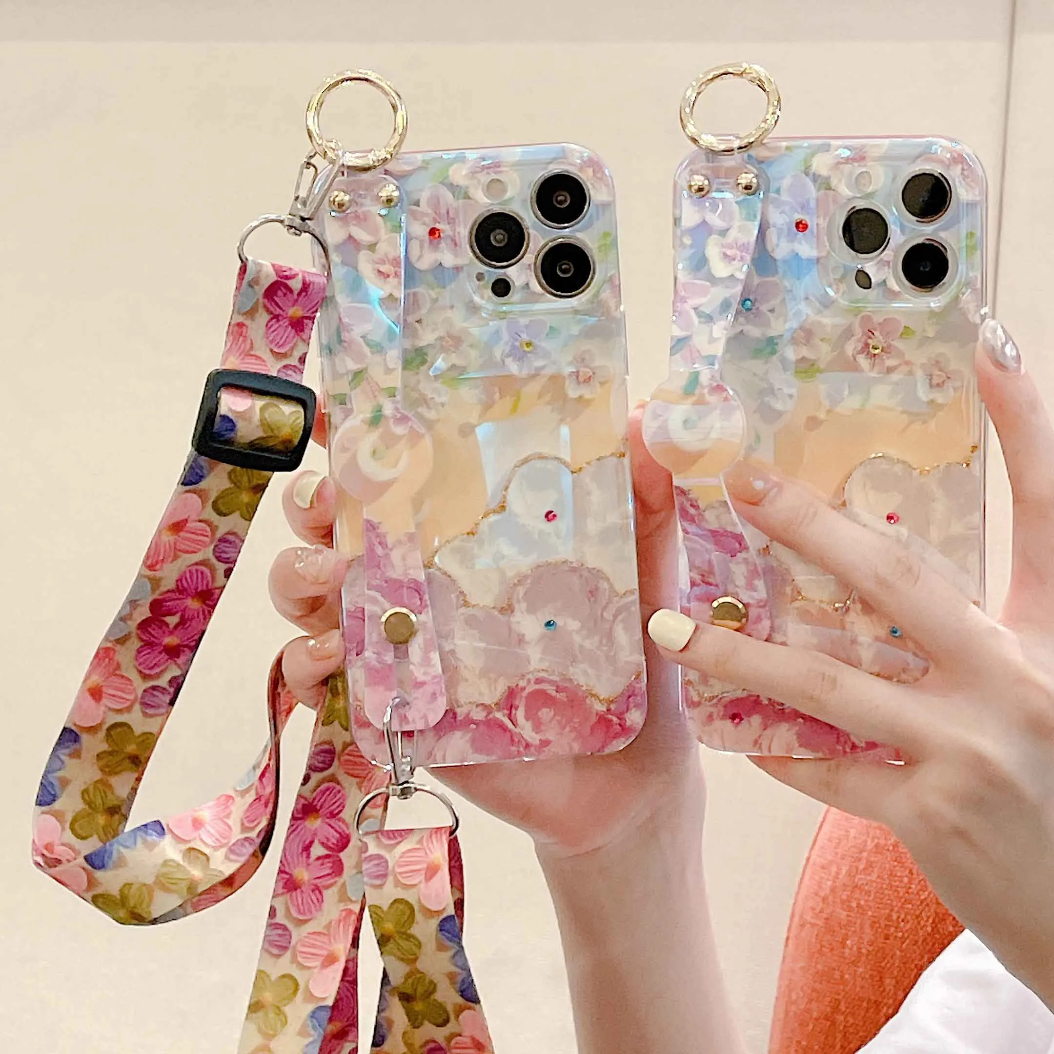 

Lanyard Case For Vivo X50 Pro Plus Blu-ray Flowers Soft Silicone Holder Stand Shockproof Cute Phone Cover for Vivo X30 Pro X27