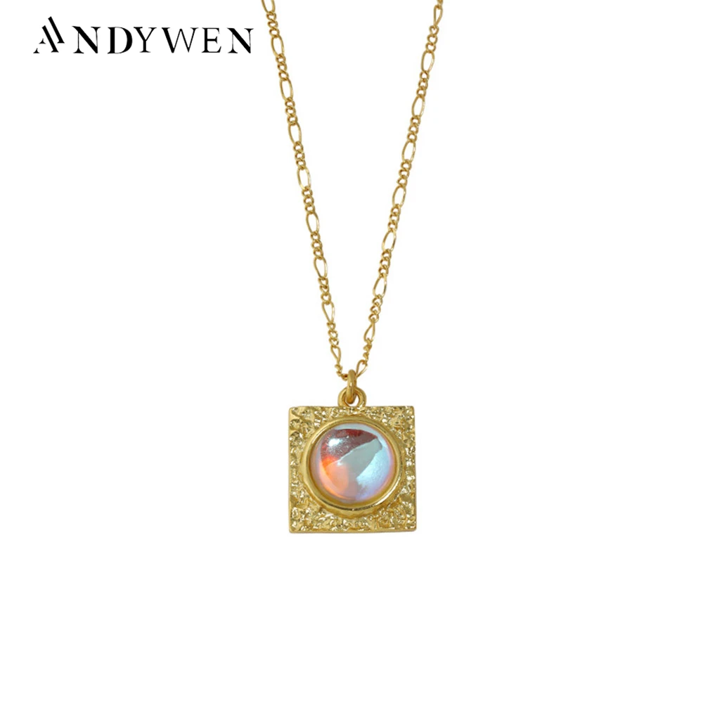 

ANDYWEN 925 Sterling Silver Gold Big Square Moonstone Pendant Long Chain Necklace Choker Luxury Women Wedding Jewellery Party
