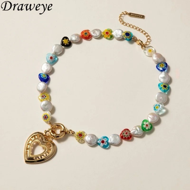 

Draweye Heart Bohemia Pendant Necklace Colorful Beads Print Flower Chokers Jewelry Ins Fashion Vintage Necklaces for Women