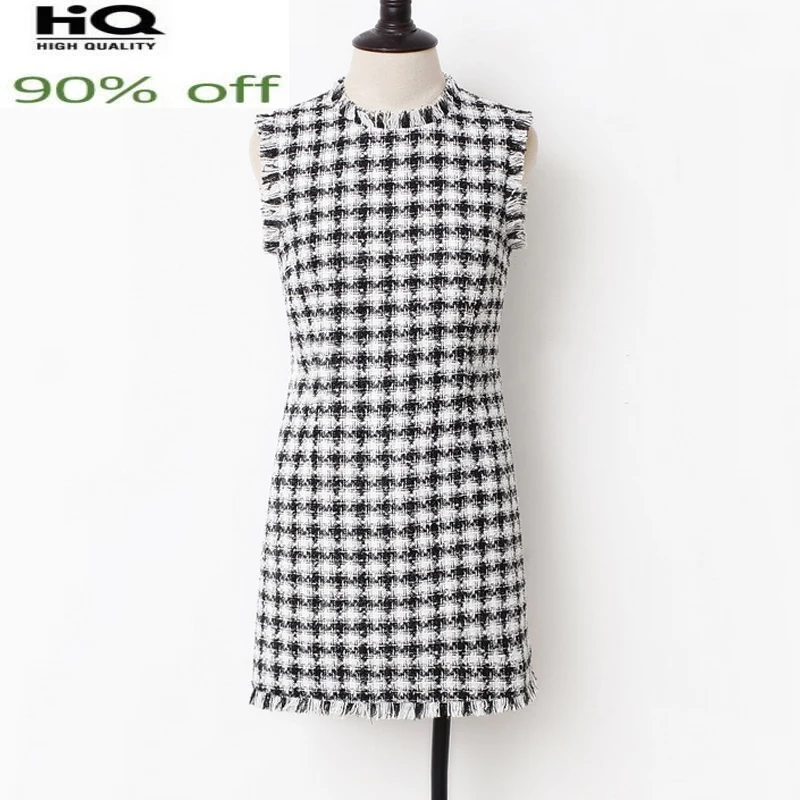 

White Black Plaid Tweed New Spring / Summer Autumn Little Fragrance Elegant Office Ladies Slim One-Piece Dress