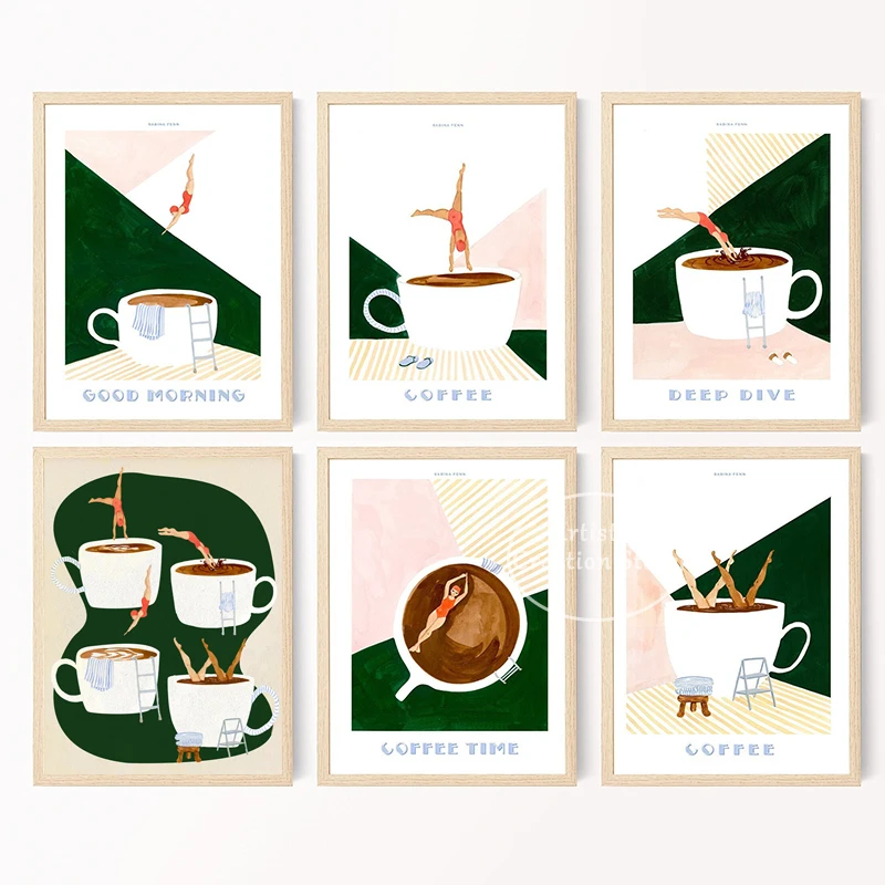 Постер для дайвинга в стиле ретро с изображением девушки-кофейни доброе утро