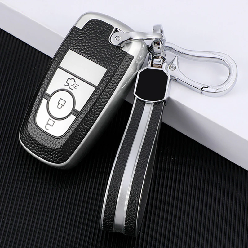 

TPU+Leather Car Key Case Cover For Ford Fusion Mustang Explorer F150 F250 F350 2018 EcoSport Edge S-MAX Ranger Lincoln Mondeo