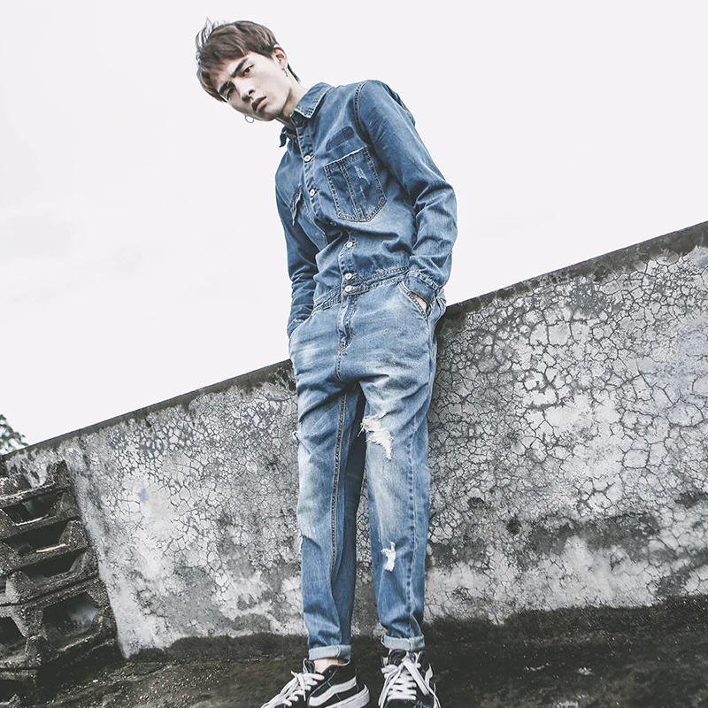 Spring and Autumn Men Jumpsuit Overalls Denim Jumpsuit Men's Hip Hop Hole Small Feet Denim Jacket Jumpsuit Men