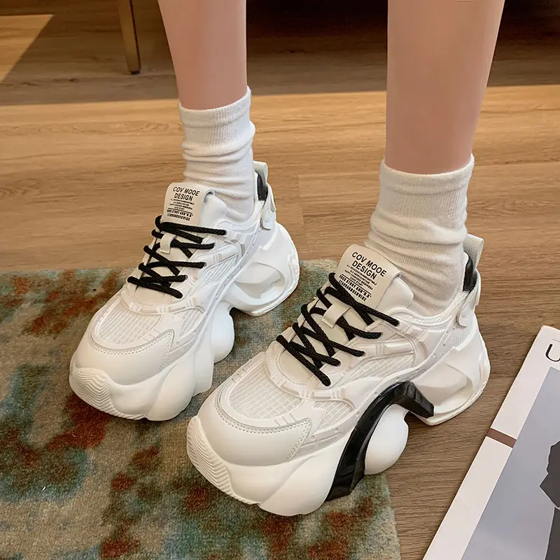 Thick Bottom Ins Breathable Clunky Sneakers Women's 2023 Spring and Summer New Genuine Leather Show Feet Small Casual Shoes