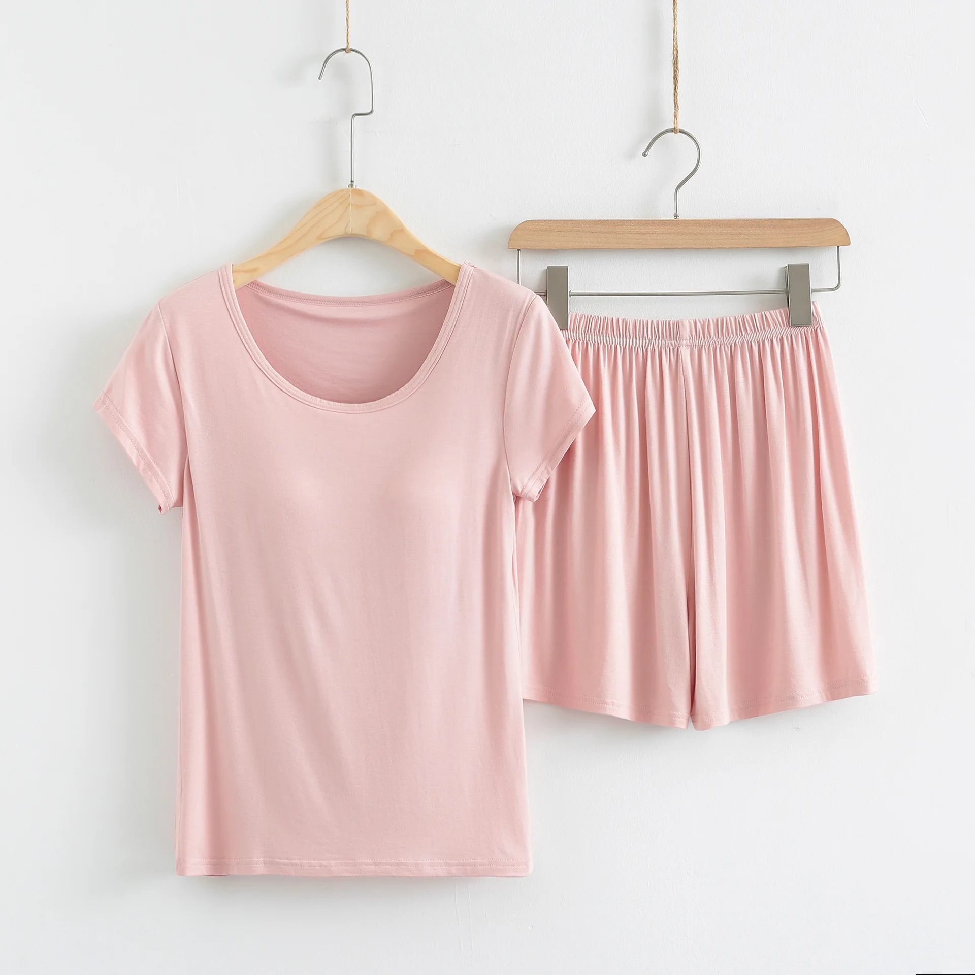 Modal Women's Pajamas Sets Solid Loungewear Bra-free Cup Integrated Half-sleeved Shorts Causal Shorts Sleepwear Women Sleep Wear