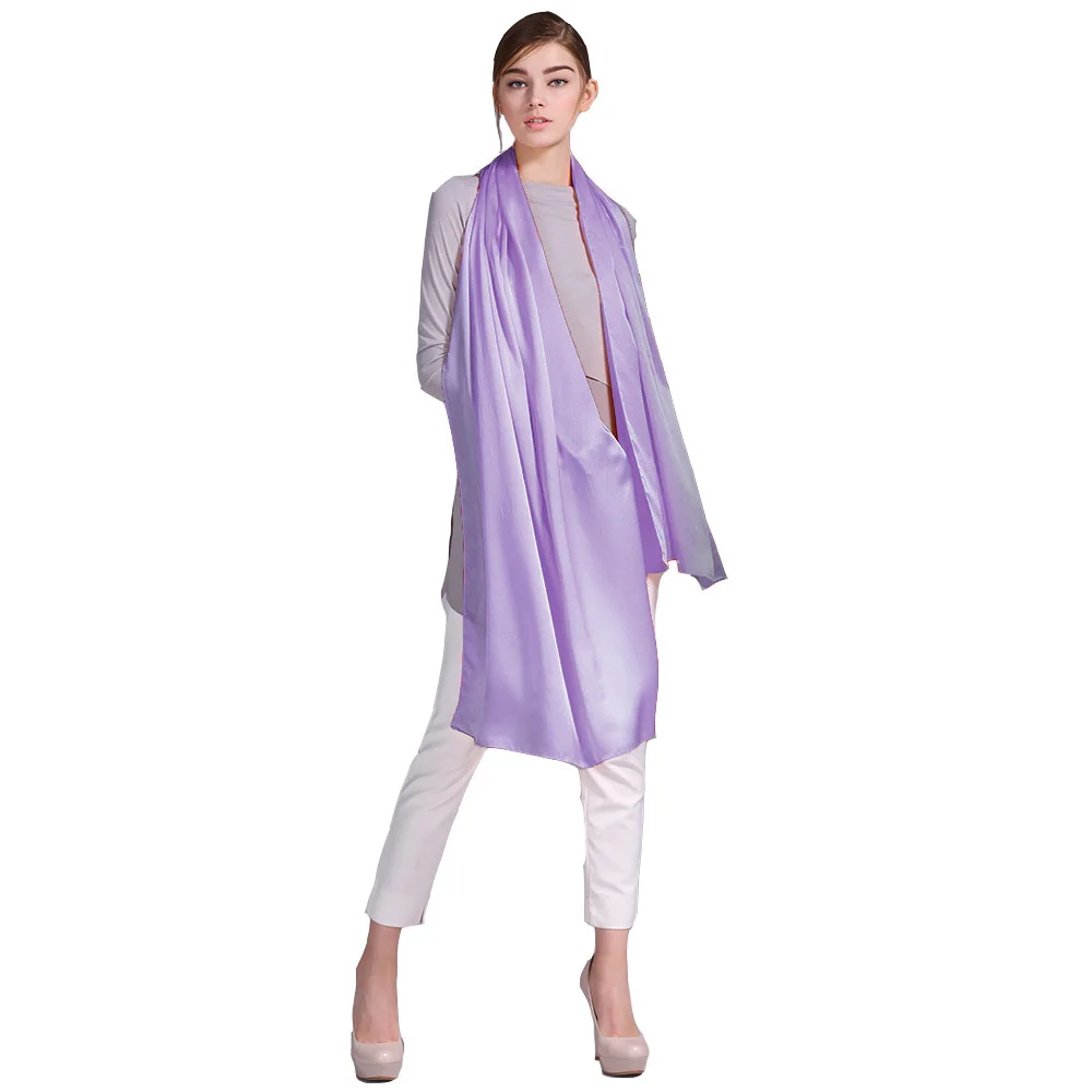 

100% Mulberry Silk Satin Scarf Pure Silk Women Long Shawl 55X180cm Solid Color Light Violet 28