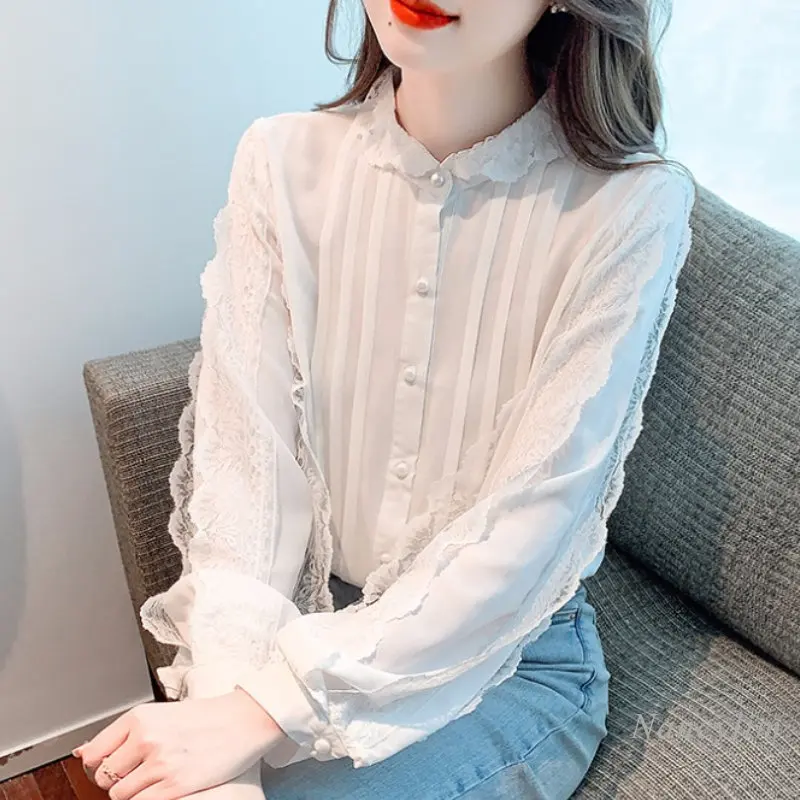 

Fairy White Chiffon Shirt Women's Lace Stitching Long-Sleeved Blouses Femme Autumn 2022 New High-Grade Buttons Top Undershirts