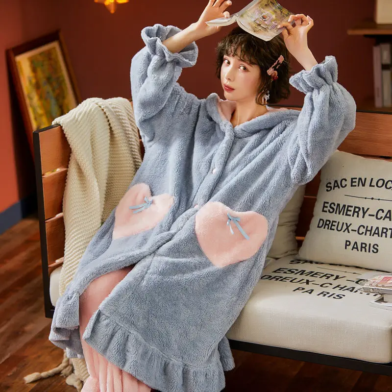 Thick Flannel Pajamas Set Winter Warm Coral Fleece Plush Nightgown Loose Cartoon Rabbit Animal Nightgown Suit Women's Sleepwear
