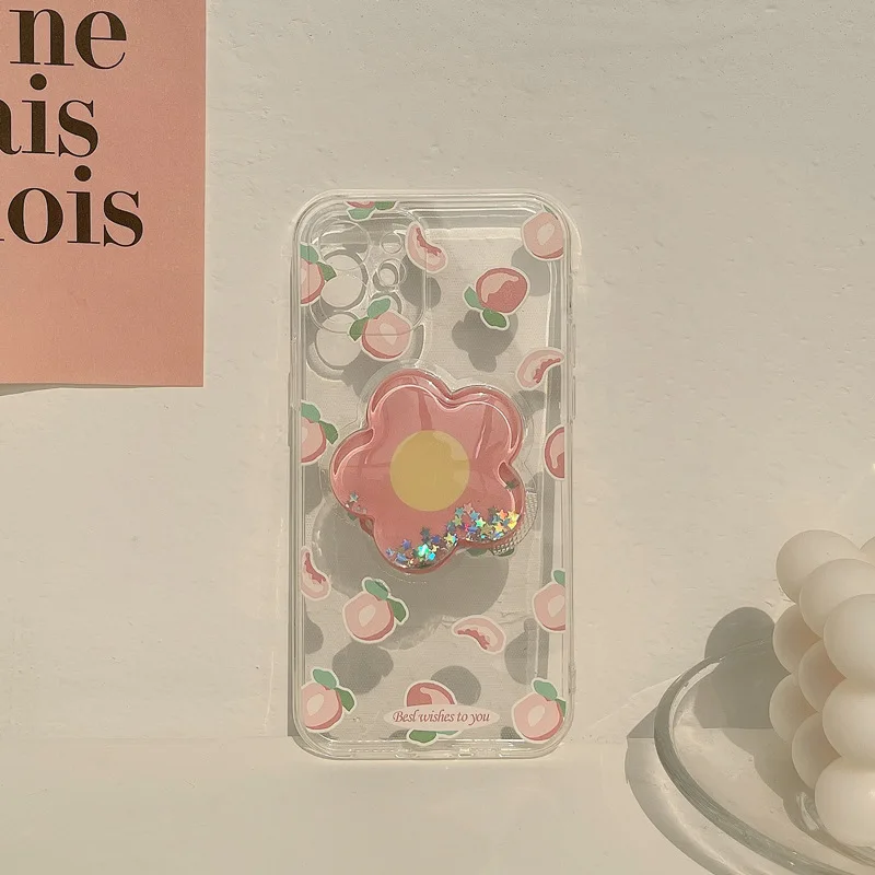

INS Style Pink Flower IPhone Case Apple Fit 14 13 12 11 Pro Max with Holder 8 Painted Flower Phone Case Iphone Xs Max Case