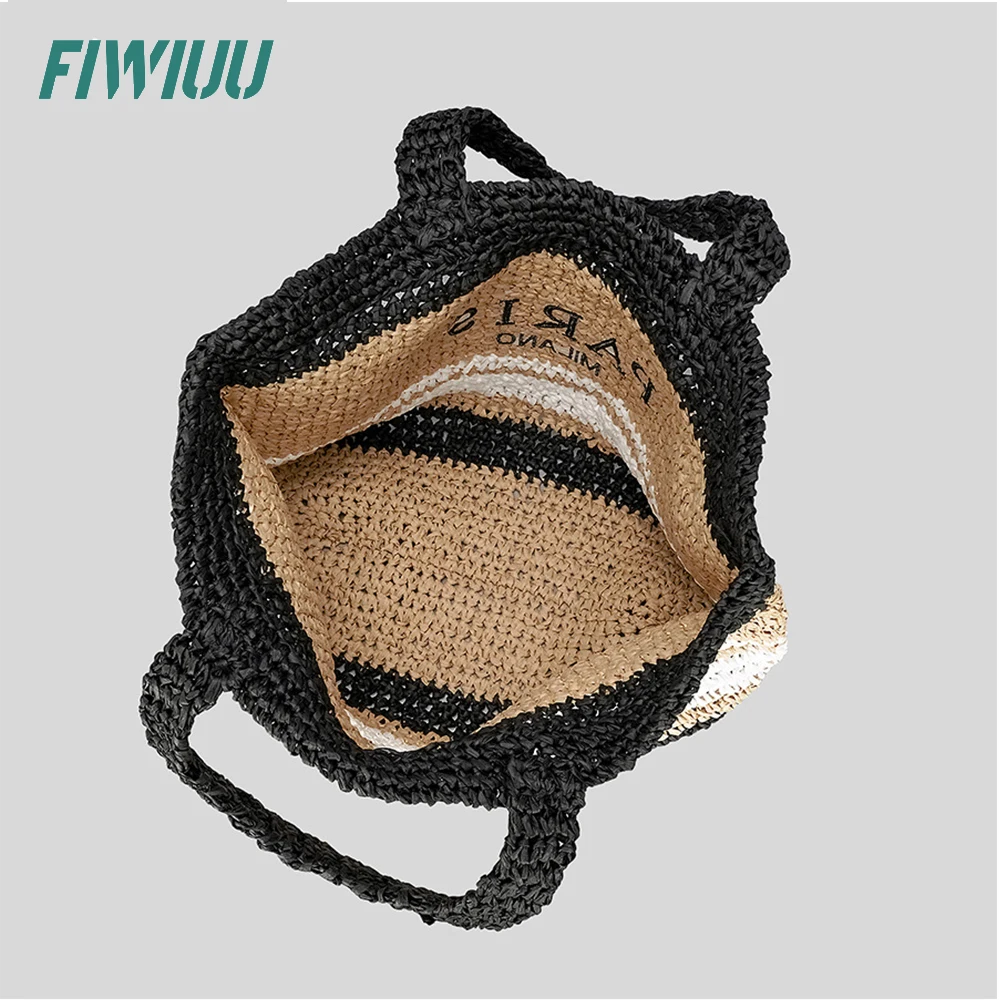 Fiwiuu Womens Handmade Straw Bag Travel Beach Tote Fishing Mesh Bag Straw Woven Bag Shopper Bag With Letter Print