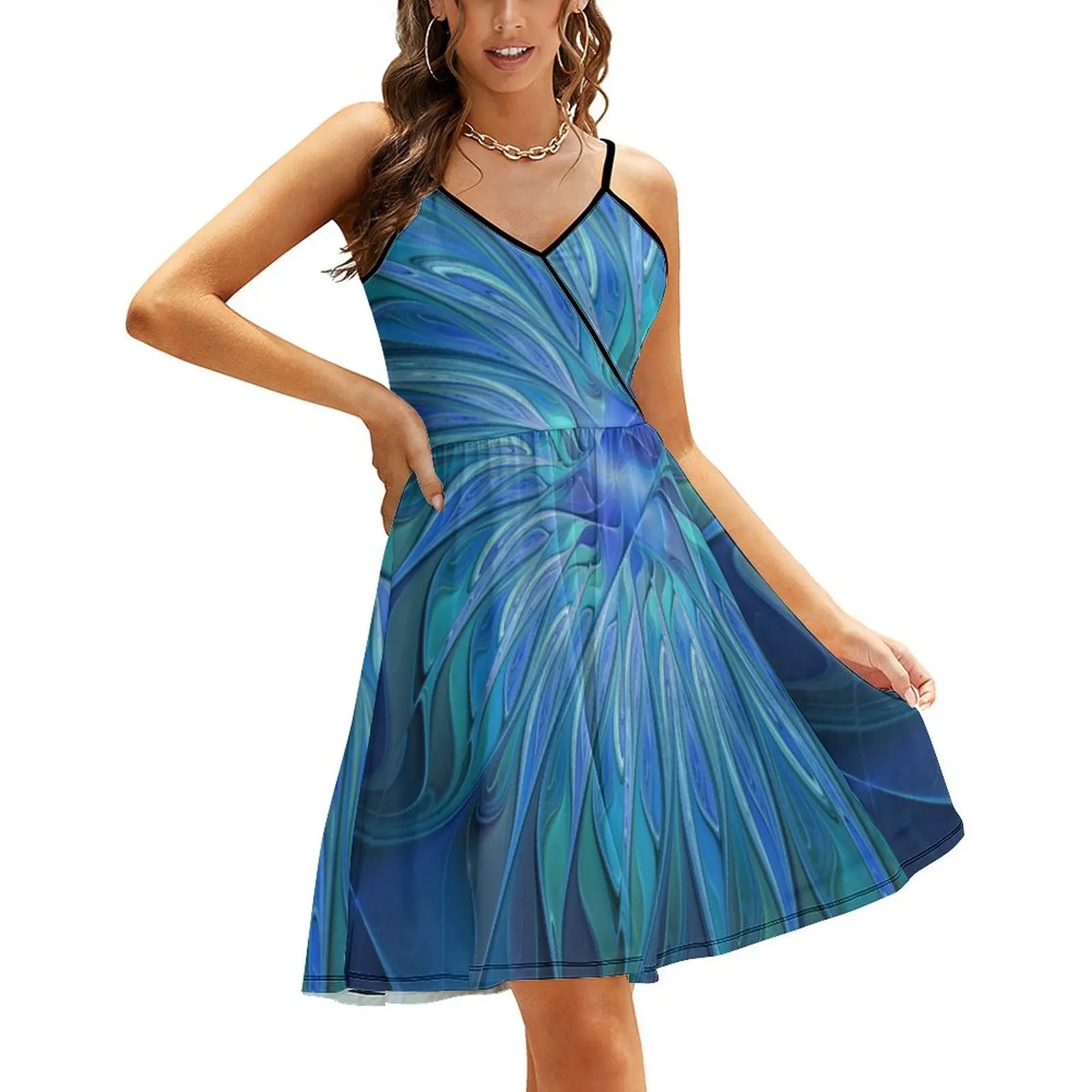 

Женское Повседневное платье на бретельках, синее платье большого размера с цветочным принтом и абстрактным фрактальным рисунком