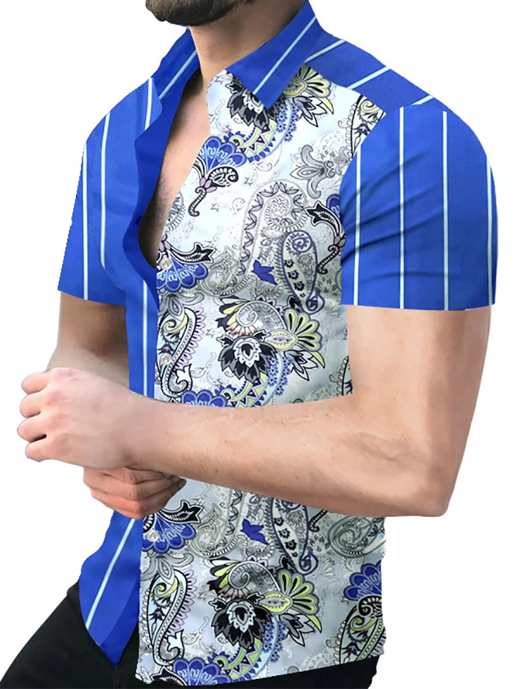 

Turn Down Collar Shirt Male Beach Harajuku Vintage Tops Short Sleeve Mens Splicing Color Shirts 2022 Single-breasted Tees Shirt