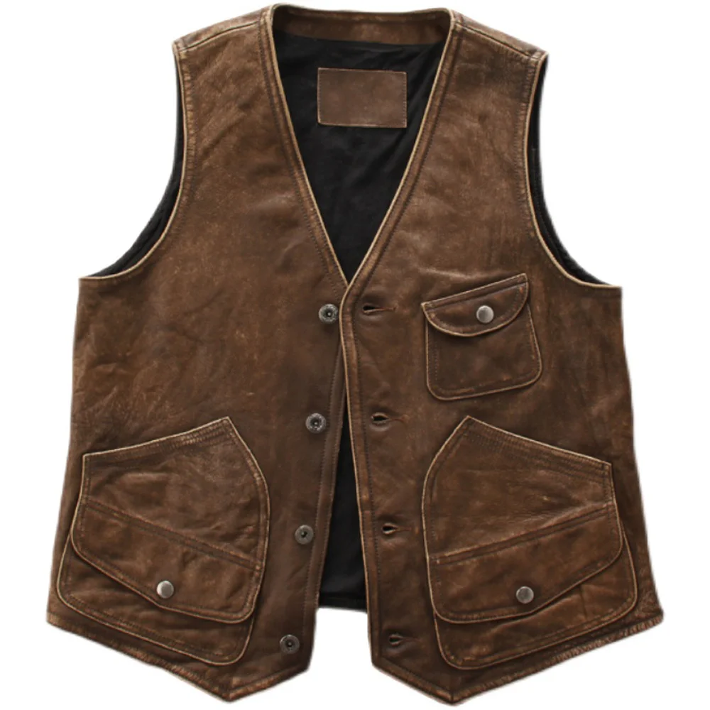 

Leather Work Mens Genuine Vest Coat Khaki Vest For Man Summer Waistcoat Dad Man's Cowhide Vests Bikerwear Cow Leather Worksuit