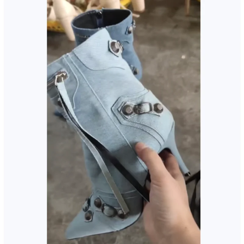 2023 Spring and Autumn Pointed Thin Heel Side Zipper Rivet Buckle Leather Boots Denim and Ankle Fabric Women's High Heel Boots