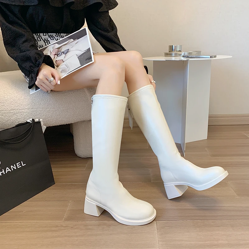 2022 Fashion Women Black Block High Heels Long Boots New Winter Warm Knee High Boots Soft Leather Thigh High Boots Shoes H6
