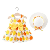 baby girl dress allover fruit print bow v neck summer princess party dress infant toddler clothes newborn baby dress hat