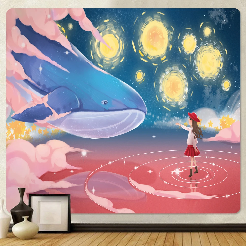 

Home Decor Psychedelic Scene Fantasy Sky Whale Girl Healing Pink Print Tapestry Hippie Boho Bedroom Wall Tapestry tapiz