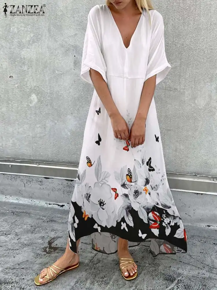 

ZANZEA Loose Casual Robe Printed Oversize Sundress Fashion Summer Long Dress Holiday Women V-neck Half Sleeve Bohemian Vestidos