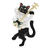 wulibaby play guitar cat brooches for women men enamel lovely pet animal party office brooch pins gifts