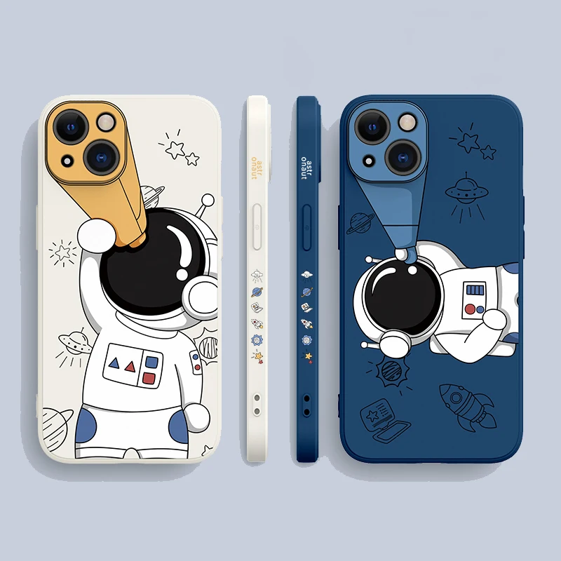 

Cute Astronaut Hand Lanyard Phone Case For iPhone 13 12 11 Pro Max XS Max XR X 8 7 Plus Liquid Silicon Soft Bumper Back Cover