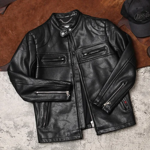 

High Quality Men Slim Thick Cow Leather Coats Stand Collar Motorcycle Jacket Streetwear Men's Clothes WPY3888