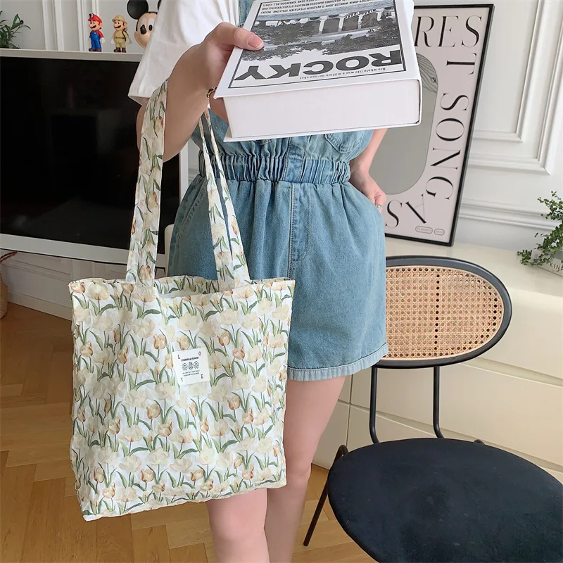 

Women's Canvas Shoulder Shopper Bag Cloth Eco Reusable Shopping Bag for Woman 2023 Tulip Student Handbag Large Tote Book Bags