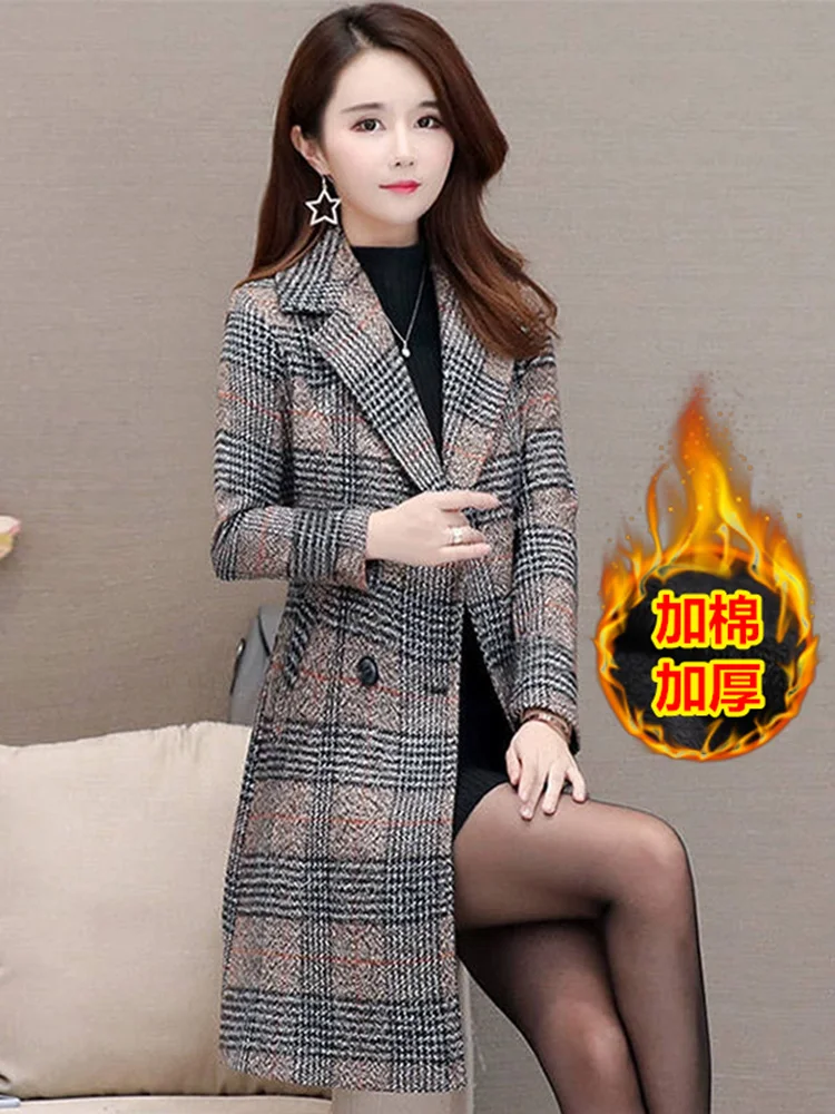 Woolen Plaid s Women Mid-Length Autumn and Winter Korean Fashion Temperament Small Warm Suit Duffle Coat
