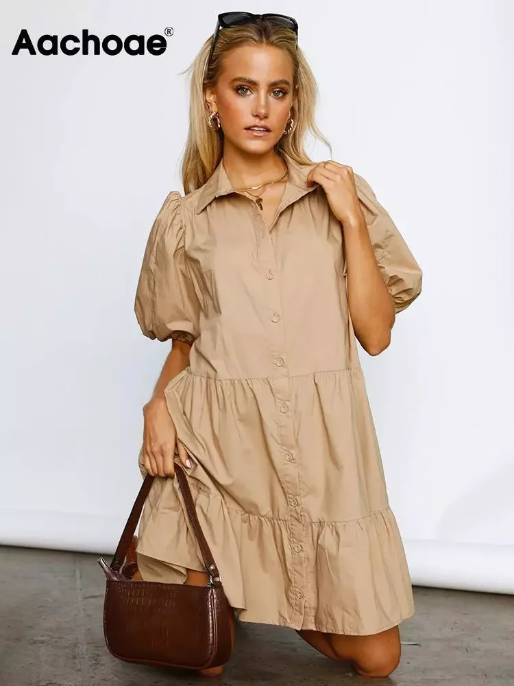 

Aachoae Casual Solid Color Mini Dresses Women Fashion Turn Down Collar Puff Sleeve Shirt Dresses Female Buttons Loose Dress