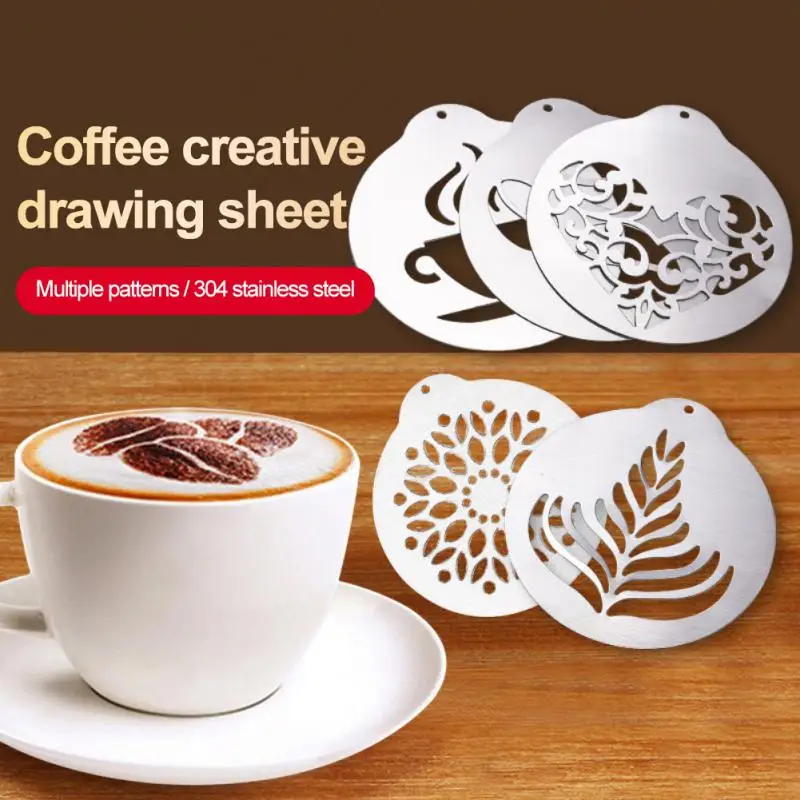 5Pcs Stainless Steel Mold Coffee Milk Cake Cupcake Stencil Template Coffee Barista Cappuccino Template Strew Pad Duster Spray