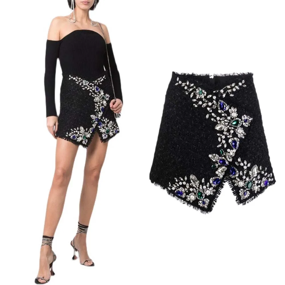 Spring And Autumn 2022 European And American Temperament Heavy Industry Diamond Studded Irregular Woolen Women's Short Skirt