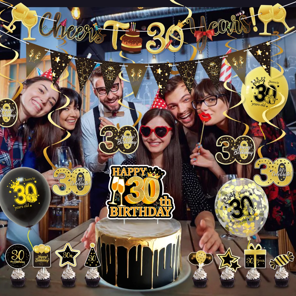 Фото 6 шт., 16, 18, 21, 30, 40, 50, 60, черное золото, день рождения, потолок, спираль, подвесная гирлянда, украшения, принадлежности №3