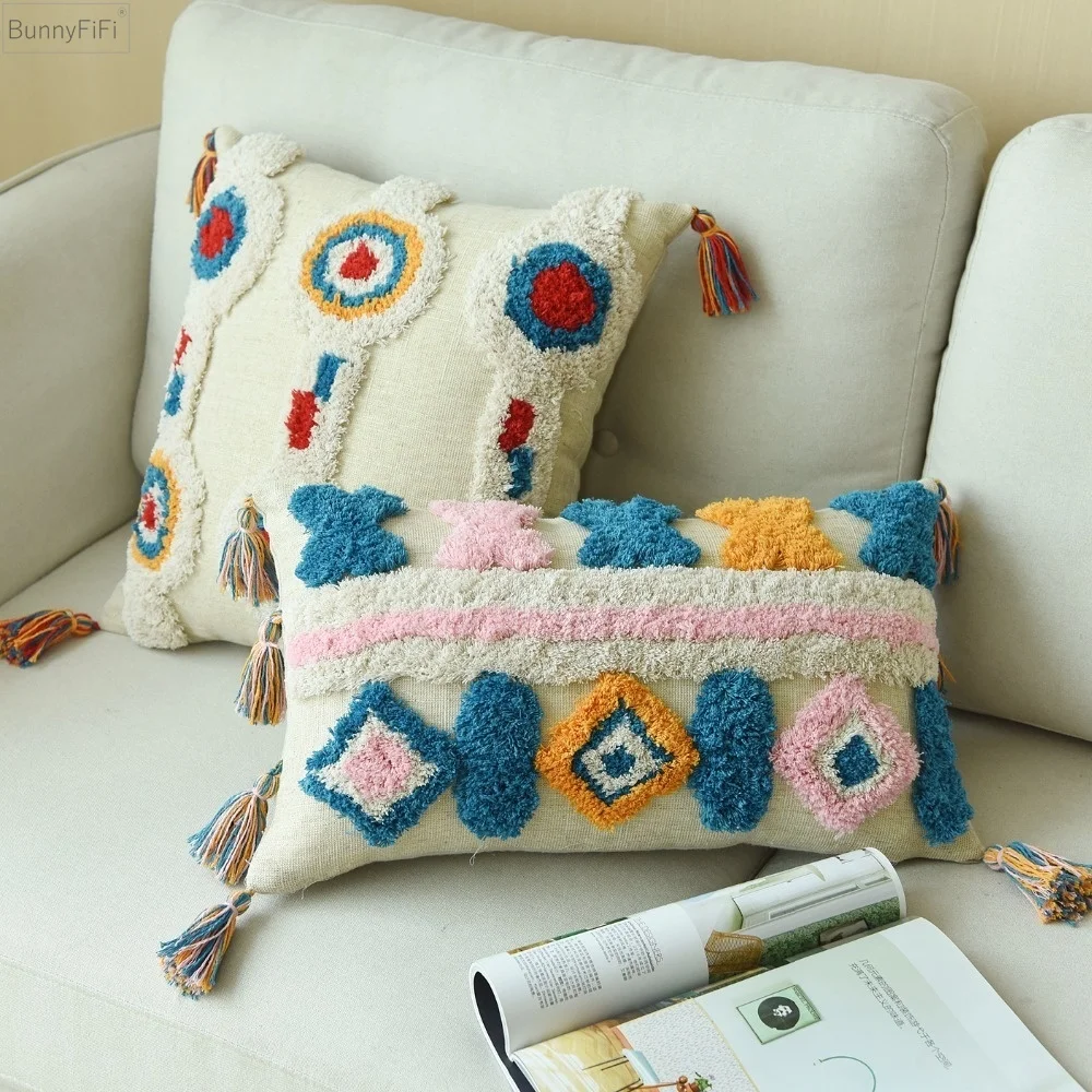 Luxury marokański ręcznie robiony poszewka na poduszkę wełniane frędzle w stylu Boho etniczna kolorowa 45x45cm/30x50cm HomeDecoration