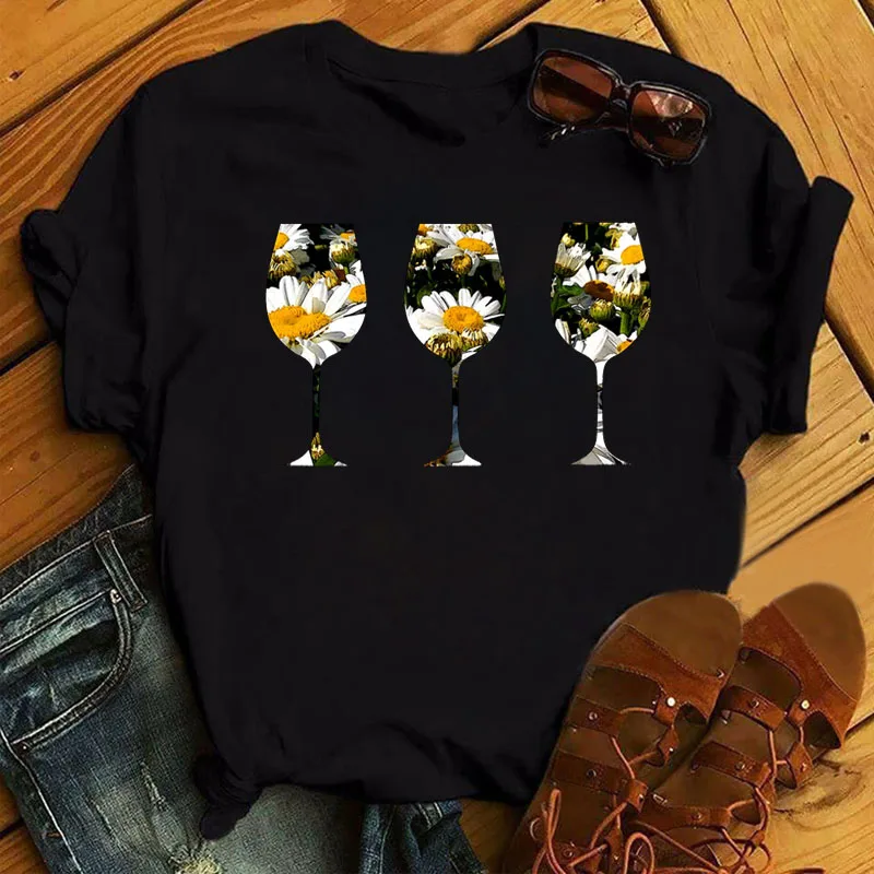 

Women Flower Wine Glass Print Tops T Shirt Harajuku Cute Short Sleeve O-neck Tee Shirts 90s Ladies Female Funny Black T-shirts