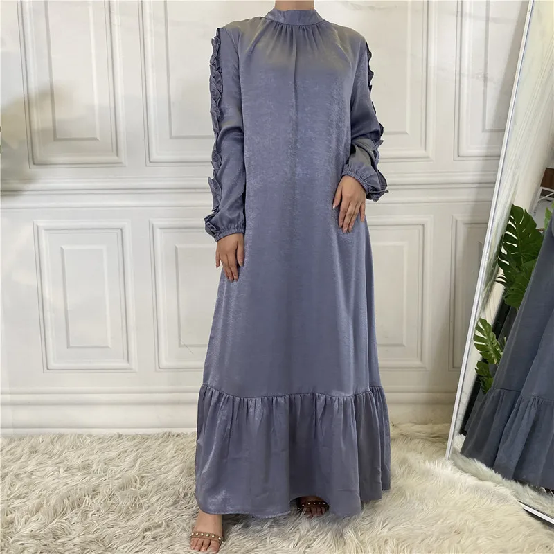 New Fashion Simple Elegant Muslim Dress Women Big Hem Pleated Long Sleeve Long Dresses For Muslim Women Abaya Turkey