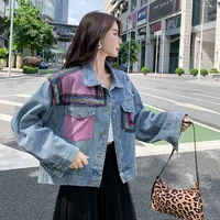 2022 spring new heavy industry splicing sequins denim jackets for women tide street all match loose chic jean outerwear ins